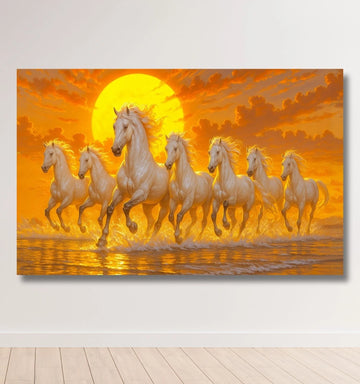 KUNJ CART – 7 Running Horses Painting with Golden Sunset & White Horses | Vastu Canvas Wall Decoration