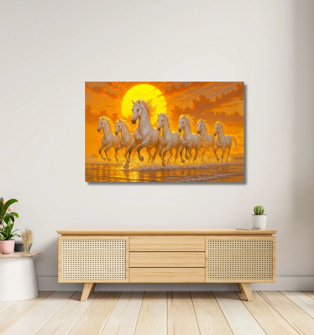 KUNJ CART – 7 Running Horses Painting with Golden Sunset & White Horses | Vastu Canvas Wall Decoration