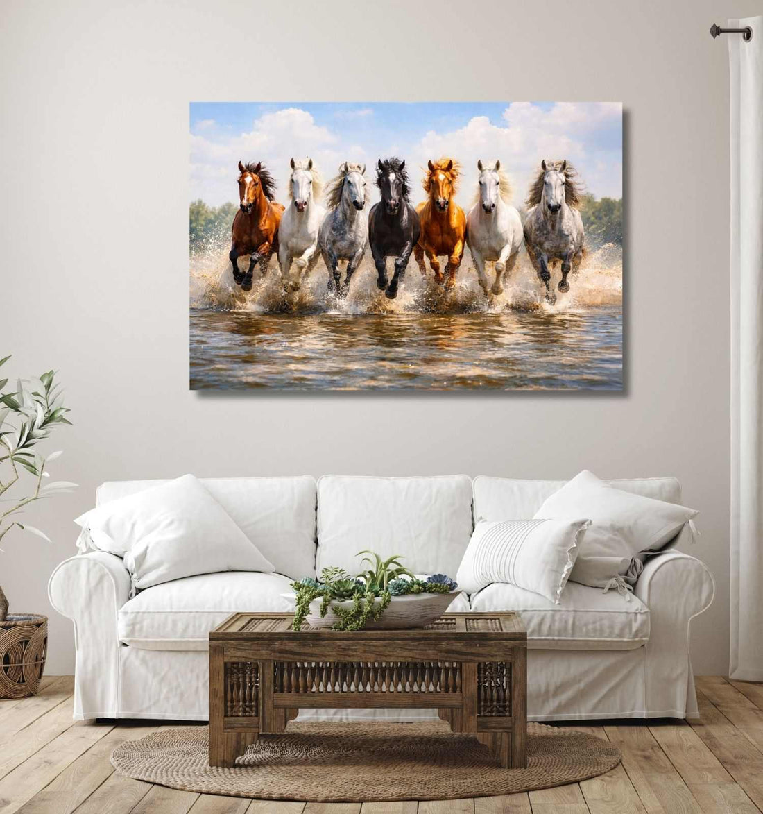 7 Horses Painting White Horse Painting Running Horse Art For Living Room Wall Decor KunjCart
