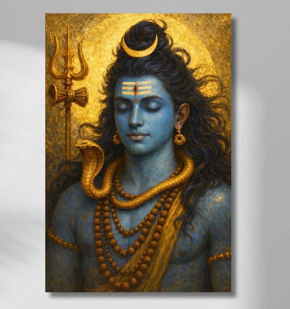 Mahadev Wall Painting | Abstract Lord Shiva Canvas Art with Trishul, Crescent Moon & Snake | Premium Hindu Spiritual Poster