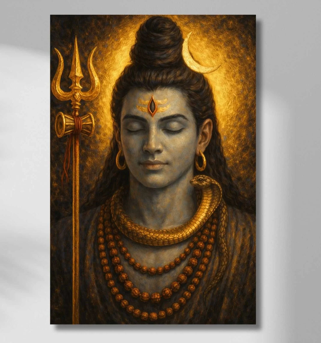 Lord Shiva Wall Painting on Canvas | Spiritual Abstract Art in Earthy Tones with Crescent Moon, Trishul & Rudraksha | Handmade Finish Shiva Painting
