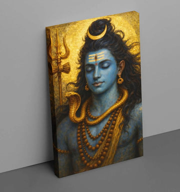 Mahadev Wall Painting | Abstract Lord Shiva Canvas Art with Trishul, Crescent Moon & Snake | Premium Hindu Spiritual Poster