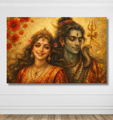KunjCart – Modern Art Shiv Parvati Painting | Shiv Parvati Abstract Painting with Golden Aura & Floral Background, Divine Wall Art of Lord Shiva Parvati