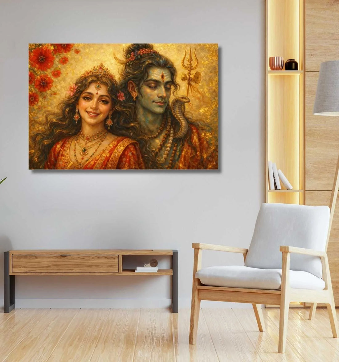 KunjCart – Modern Art Shiv Parvati Painting | Shiv Parvati Abstract Painting with Golden Aura & Floral Background, Divine Wall Art of Lord Shiva Parvati