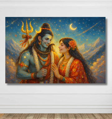 KUNJ CART – Shiv Parvati Abstract Painting | Modern Art Shiv Parvati Painting with Moon & Himalayan Background – Divine Shiva Parvati Wall Décor by KunjCart