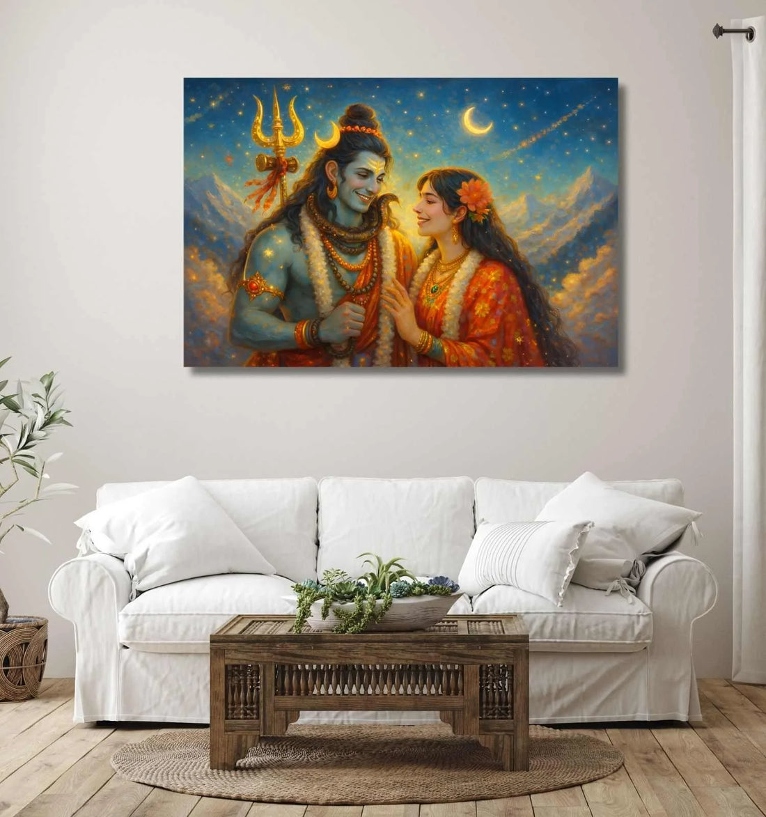 KUNJ CART – Shiv Parvati Abstract Painting | Modern Art Shiv Parvati Painting with Moon & Himalayan Background – Divine Shiva Parvati Wall Décor by KunjCart
