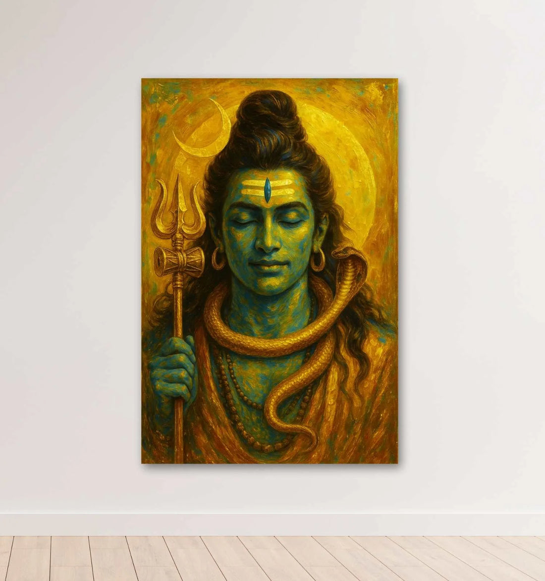 Lord Shiva Painting on Canvas | Mahadev Wall Art with Golden Trishul, Cobra & Crescent Moon | Shiva Abstract Painting for Home Decor
