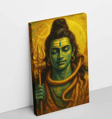 Lord Shiva Painting on Canvas | Mahadev Wall Art with Golden Trishul, Cobra & Crescent Moon | Shiva Abstract Painting for Home Decor