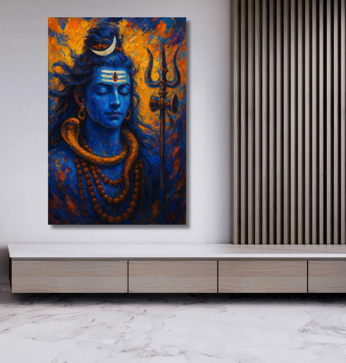 KunjCart Lord Shiva Wall Painting on Canvas | Deep Blue Abstract Art with Crescent Moon & Trishul | Vibrant HD Colors, Waterproof, Handmade Texture