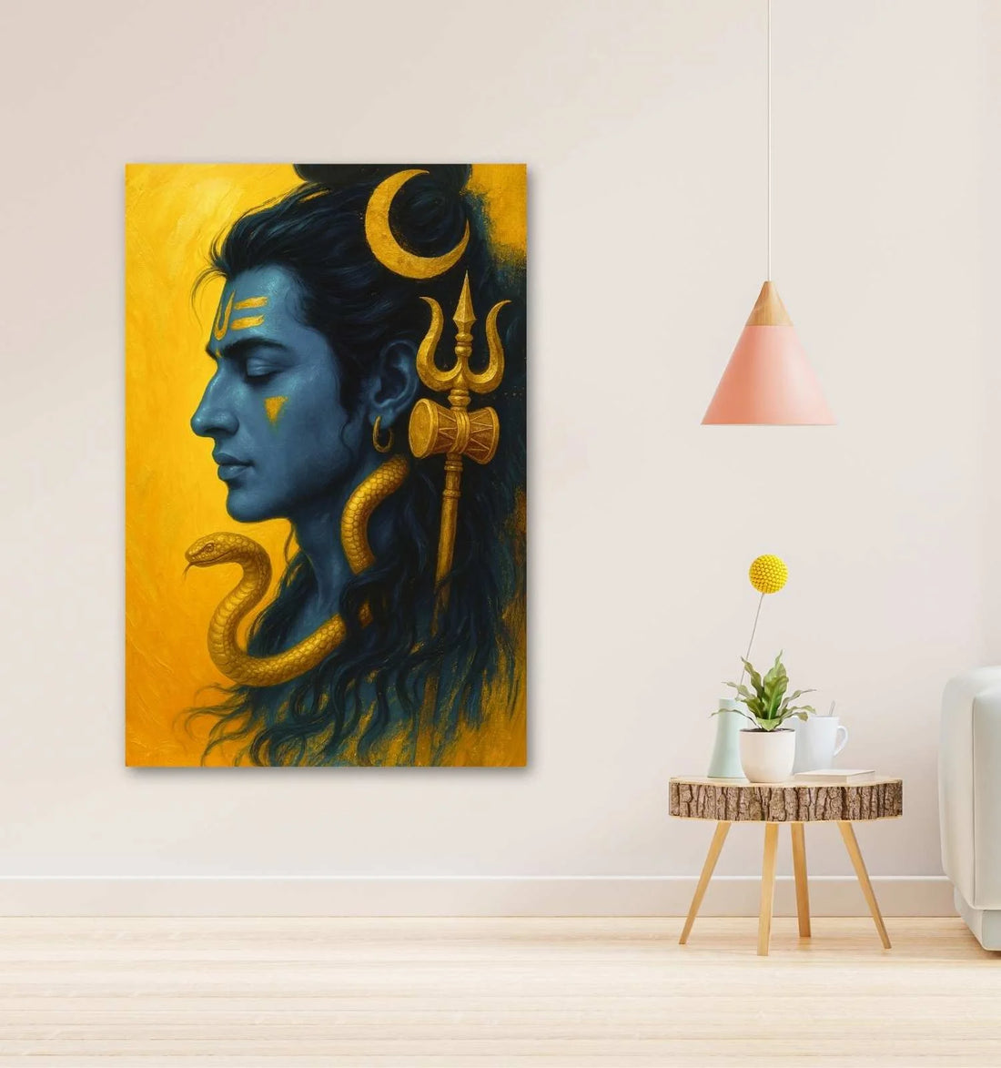Lord Shiva Painting on Canvas | Mahadev Wall Art with Golden Trishul, Cobra & Crescent Moon | Shiva Abstract Artwork for Home Decor by KunjCart