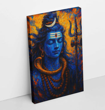 KunjCart Lord Shiva Wall Painting on Canvas | Deep Blue Abstract Art with Crescent Moon & Trishul | Vibrant HD Colors, Waterproof, Handmade Texture