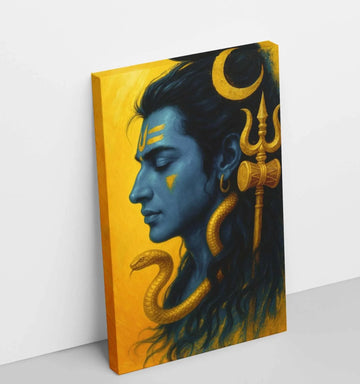 Lord Shiva Painting on Canvas | Mahadev Wall Art with Golden Trishul, Cobra & Crescent Moon | Shiva Abstract Artwork for Home Decor by KunjCart