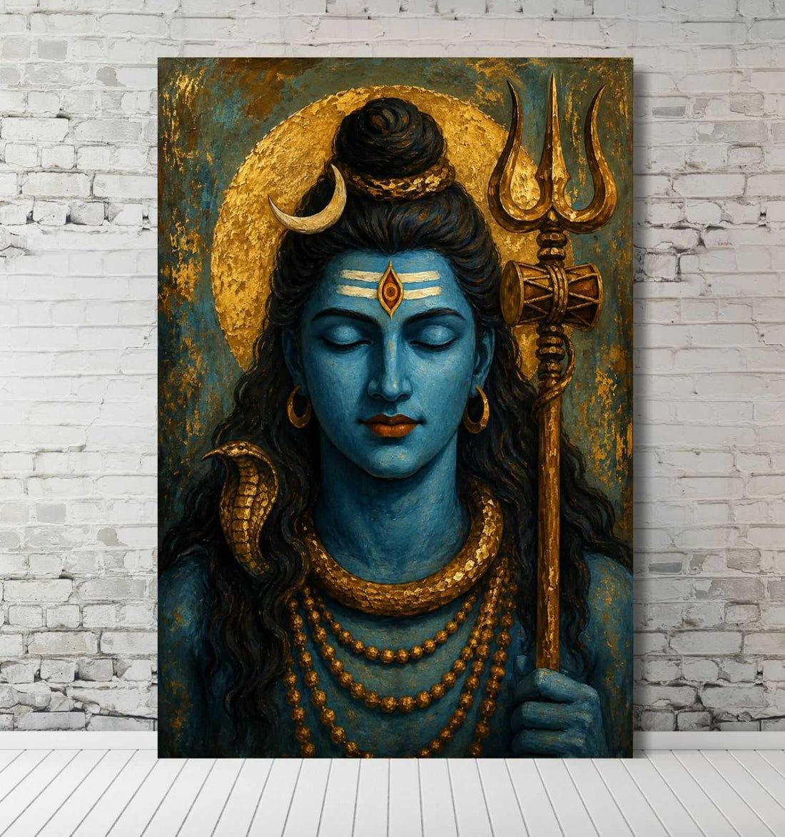 Lord Shiva Wall Painting on Canvas | Elegant Abstract Art in Deep Blue & Golden Tones with Trishul, Crescent Moon & Rudraksha