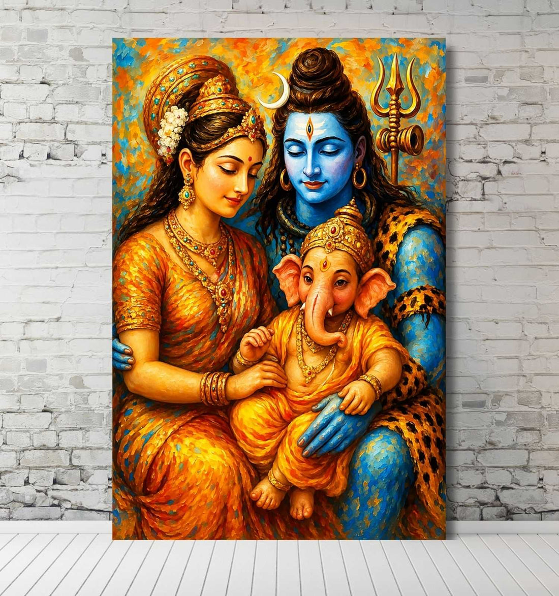 Shiva Parvati Painting with Baby Ganesha | Paintings of Lord Shiva and Parvati for Wall Decoration | Divine Mahadev Canvas Art in Bright HD Finish by KunjCart