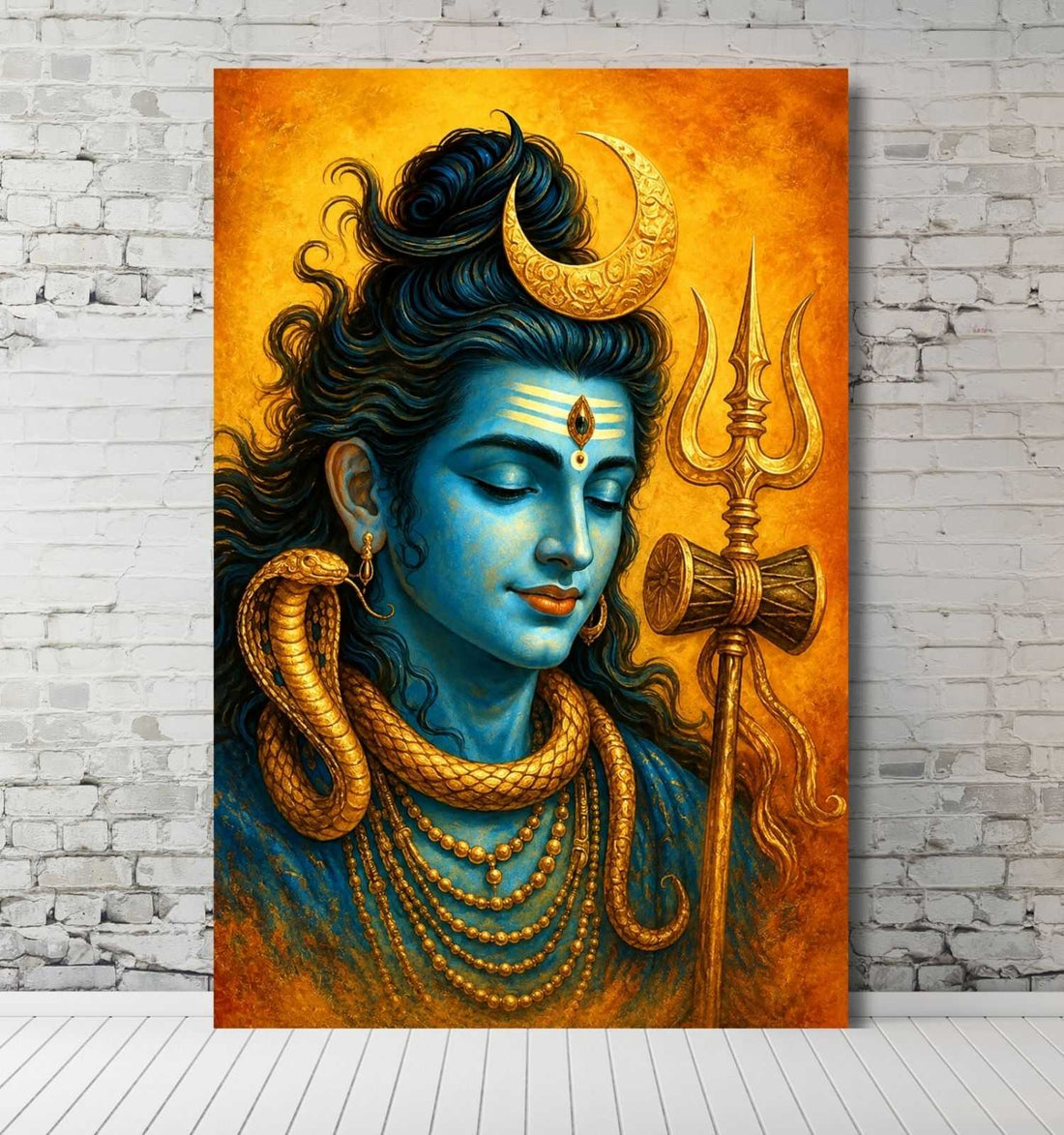 Lord Shiva Painting on Canvas | Mahadev Wall Painting with Crescent Moon, Trishul & Snake | Abstract Spiritual Poster for Home Decor