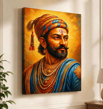 KUNJ CART- Shivaji Maharaj Painting on Canvas | Royal Portrait in Blue & Golden Tones | Shivaji Maharaj Painting for Hall & Wall Decoration