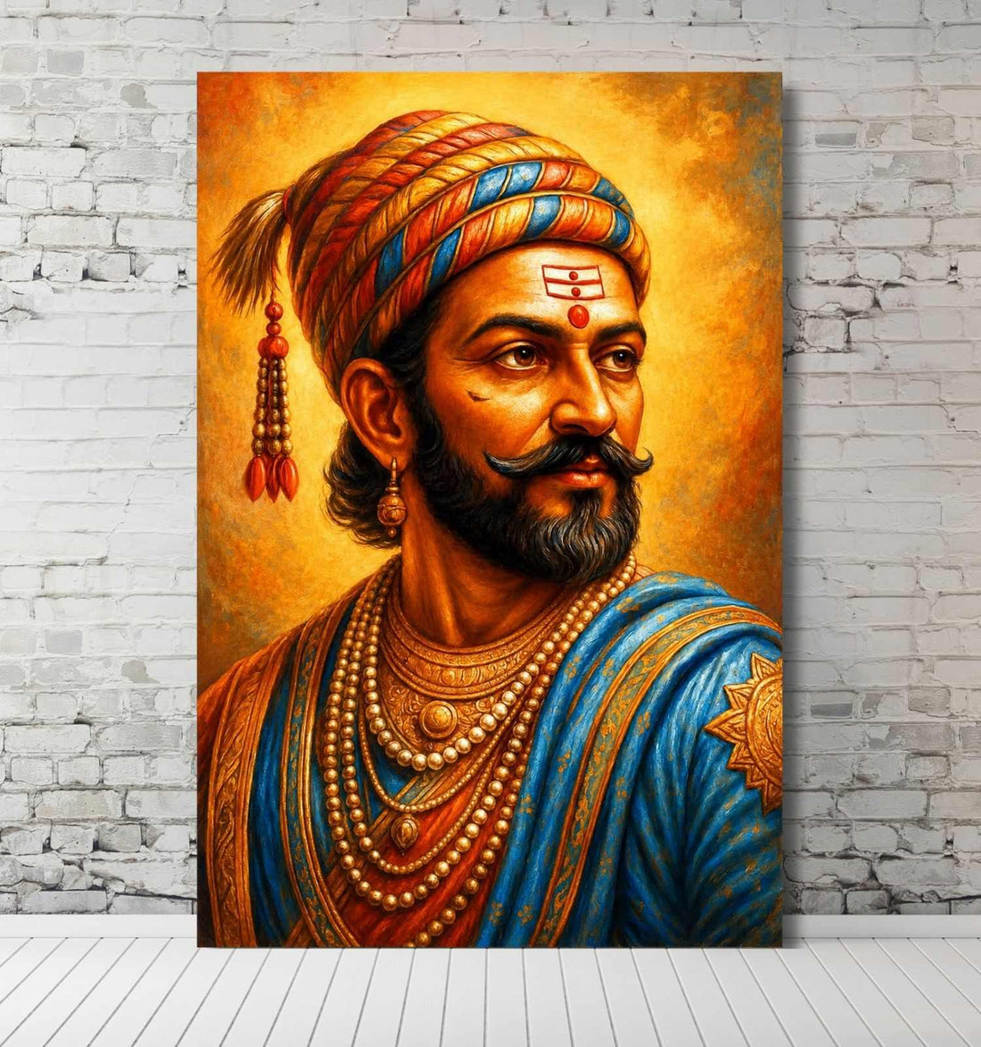 KUNJ CART- Shivaji Maharaj Painting on Canvas | Royal Portrait in Blue & Golden Tones | Shivaji Maharaj Painting for Hall & Wall Decoration