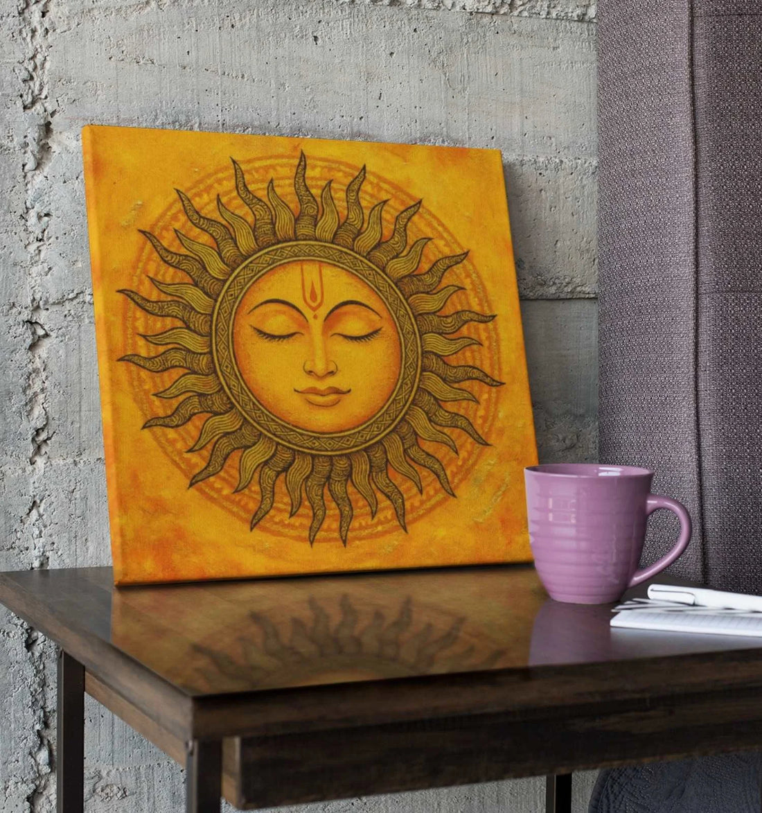 Surya Dev Ji Painting | Divine Sun Face in Yellow & Orange on High-Quality Canvas for Home & Office Decor