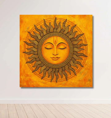 Surya Dev Ji Painting | Divine Sun Face in Yellow & Orange on High-Quality Canvas for Home & Office Decor
