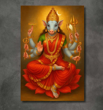 KUNJ CART – Varahi Devi Photo | Divine Varahi Amman Photo In Painting Form with Golden Aura, Lotus & Sacred Weapons