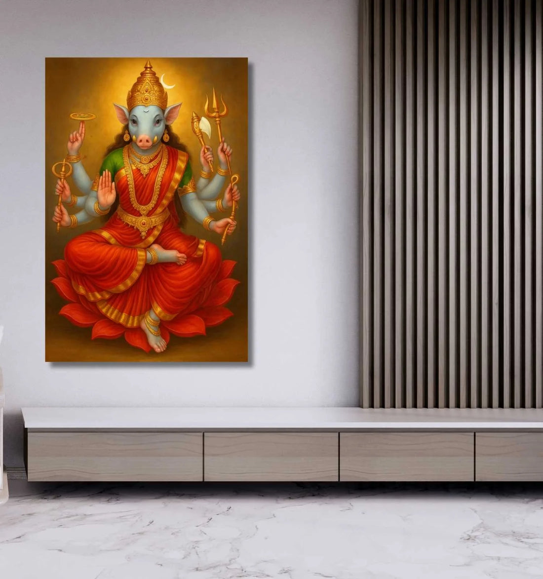 KUNJ CART – Varahi Devi Photo | Divine Varahi Amman Photo In Painting Form with Golden Aura, Lotus & Sacred Weapons