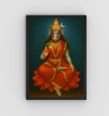 KUNJ CART – Varahi Amman Photo Frame | Divine Varahi Devi Photo In Painting Form With Red Saree with Golden Crown & Lotus Seat