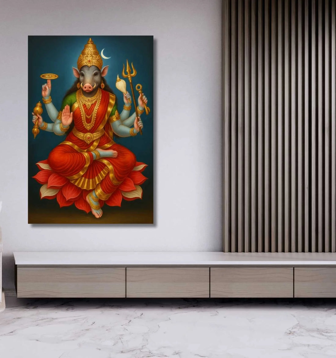 KUNJ CART- Varahi Amman Photo Frame | Powerful Varahi Devi Photo on Lotus with Trishul & Chakra
