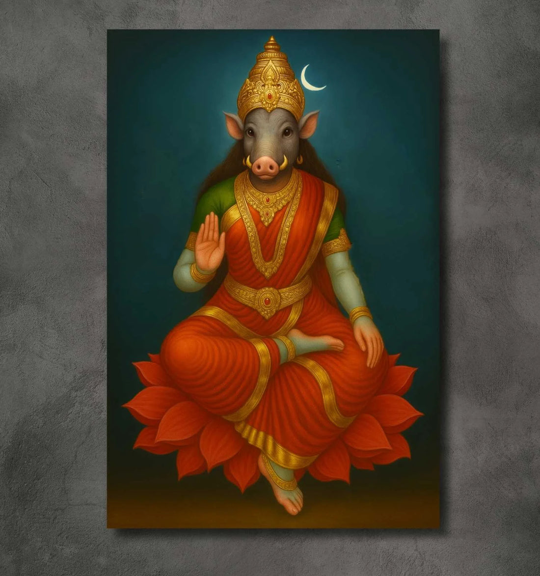 KUNJ CART – Varahi Amman Photo Frame | Divine Varahi Devi Photo In Painting Form With Red Saree with Golden Crown & Lotus Seat