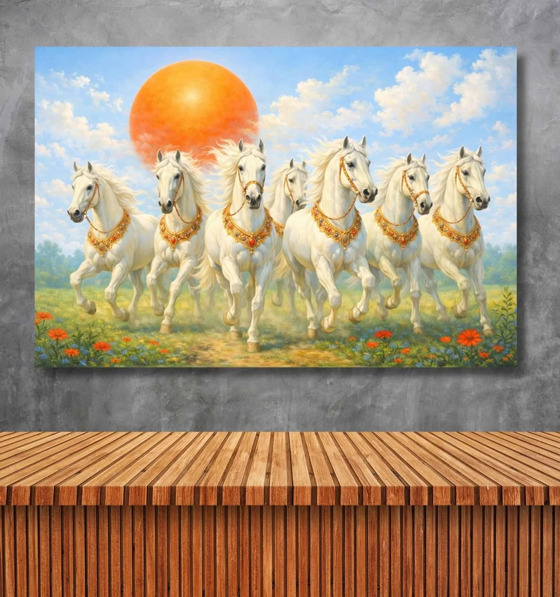 KunjCart 7 Running Horses Painting – Royal White 7 Running Horses Painting with Golden Ornaments & Bright Sunset Sky, 7 Horses Vastu Painting Canvas Art