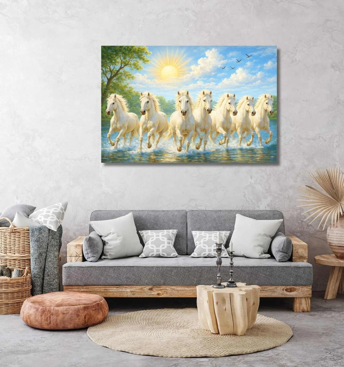 KunjCart Running Horse Painting – White 7 Running Horses Painting with Bright Sunlight Water Scene, 7 Horses Vastu Painting Canvas Wall Art