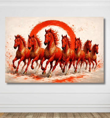 Running Horse Painting With Frame 7 Horses Painting Red Art For Living Room Wall Decor KunjCart