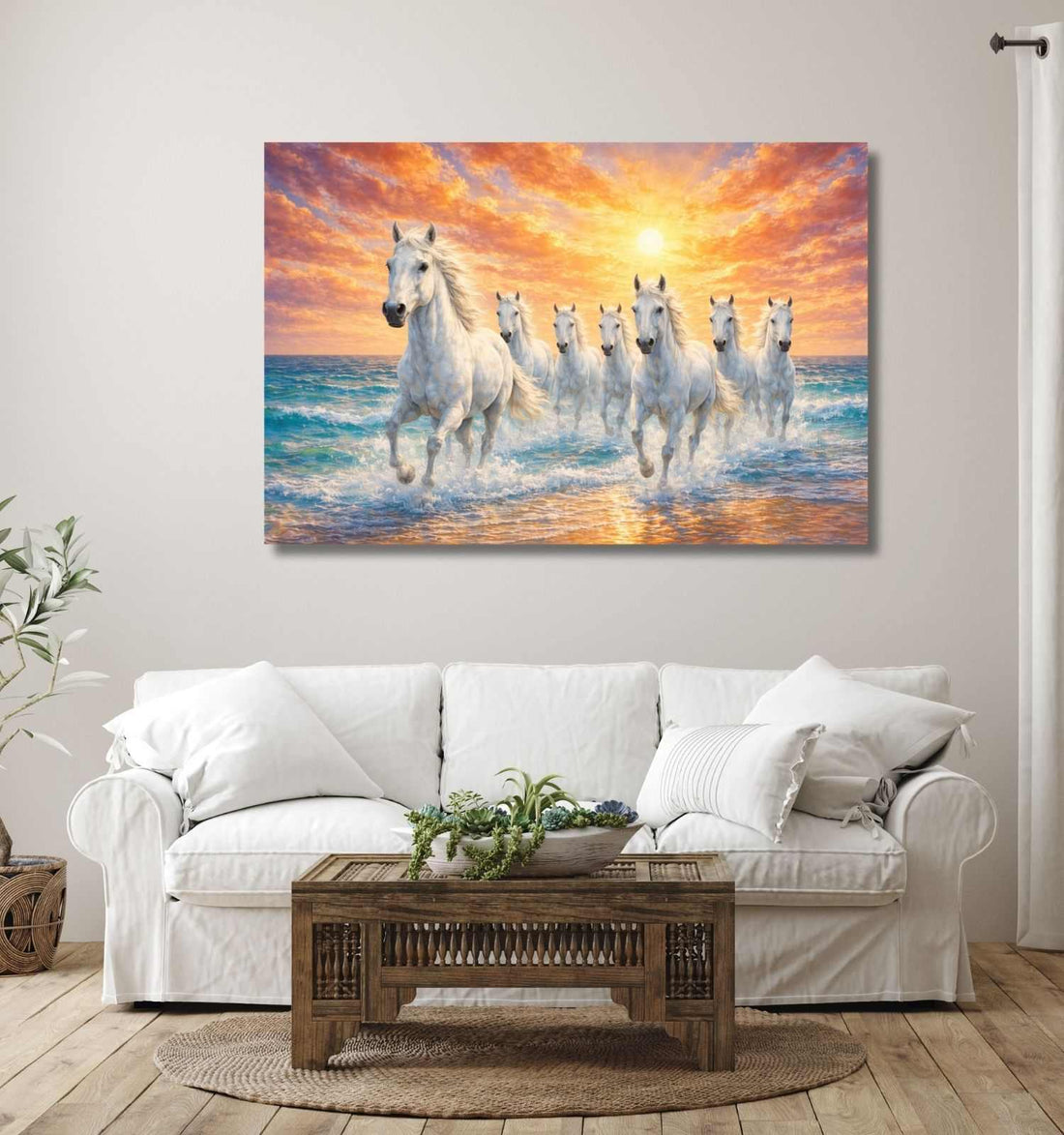 Horse Painting 7 White Horses Running Through Ocean Waves Sunset Vastu Wall Decor KunjCart