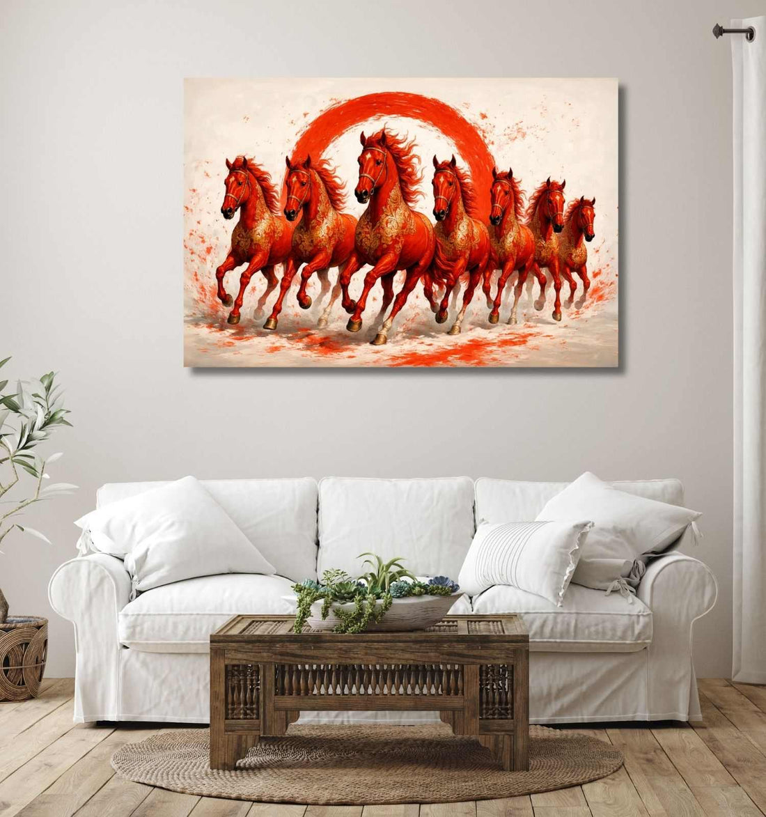 Running Horse Painting With Frame 7 Horses Painting Red Art For Living Room Wall Decor KunjCart