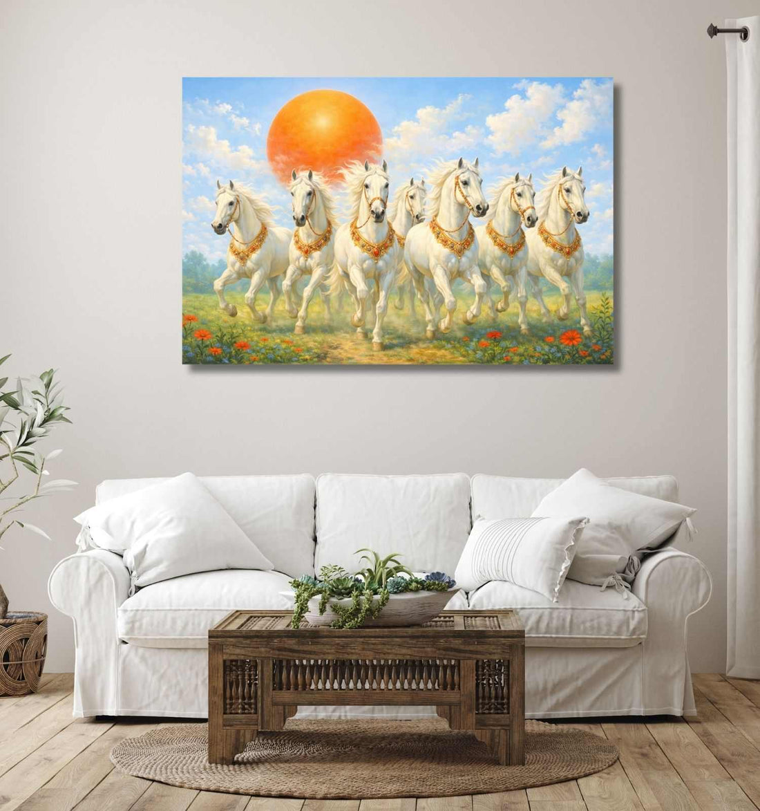 Running Horse Painting With Frame White Horse Painting Golden Sunrise Meadow Wall Decor KunjCart