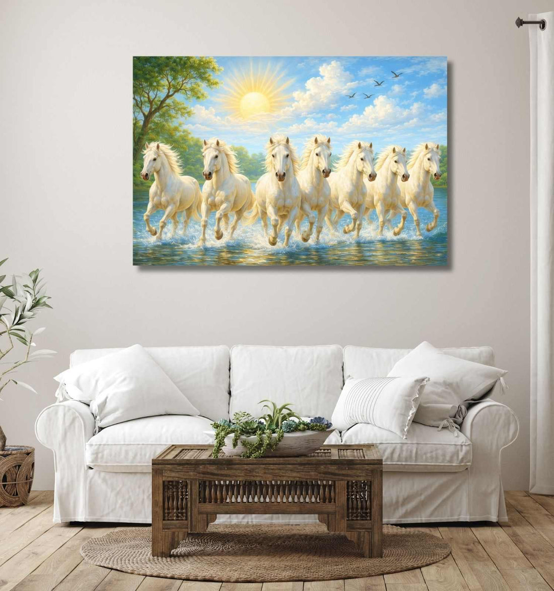 Running Horse Painting 7 White Horses With Sunrise Water Scene For Vastu Living Room Decor KunjCart