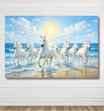KunjCart Royal White 7 Running Horses Painting with Bright Sun & Ocean Waves, 7 Horses Vastu Painting Canvas Wall Art