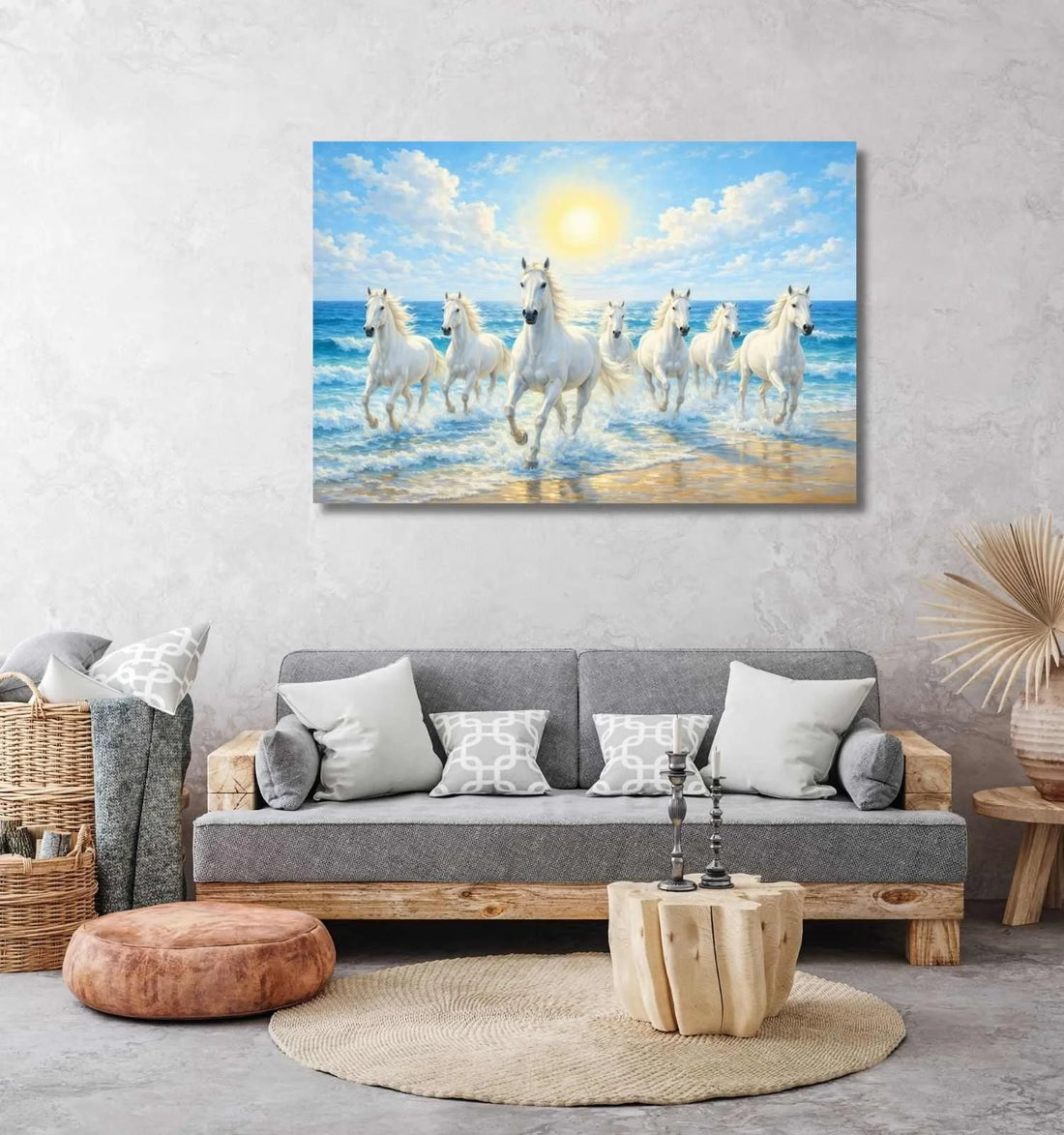 KunjCart Vastu 7 Running Horse Painting – White 7 Running Horses Painting with Ocean Waves & Shining Sun Scene, 7 Horses Vastu Painting Canvas Wall Art