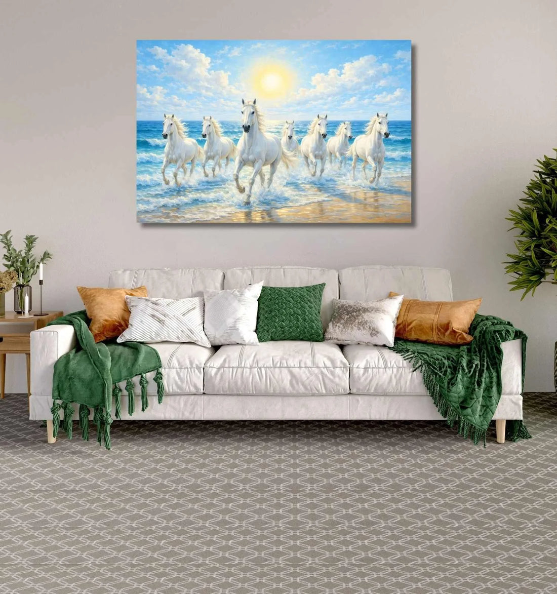 KunjCart Royal White 7 Running Horses Painting with Bright Sun & Ocean Waves, 7 Horses Vastu Painting Canvas Wall Art