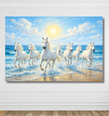 7 Horse Painting With Frame For Vastu White Horses Running Through Ocean Waves Living Room KunjCart