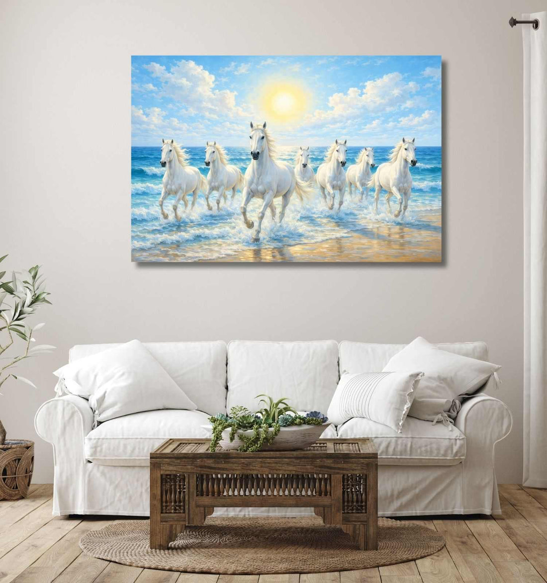 7 Horse Painting With Frame For Vastu White Horses Running Through Ocean Waves Living Room KunjCart