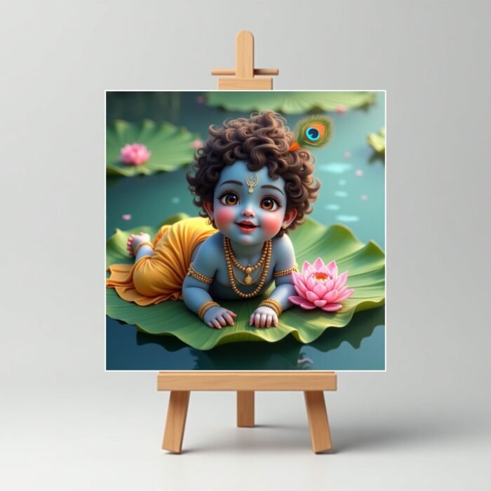 Playing On Lotus Leaf Cute Krishna Mini Painting
