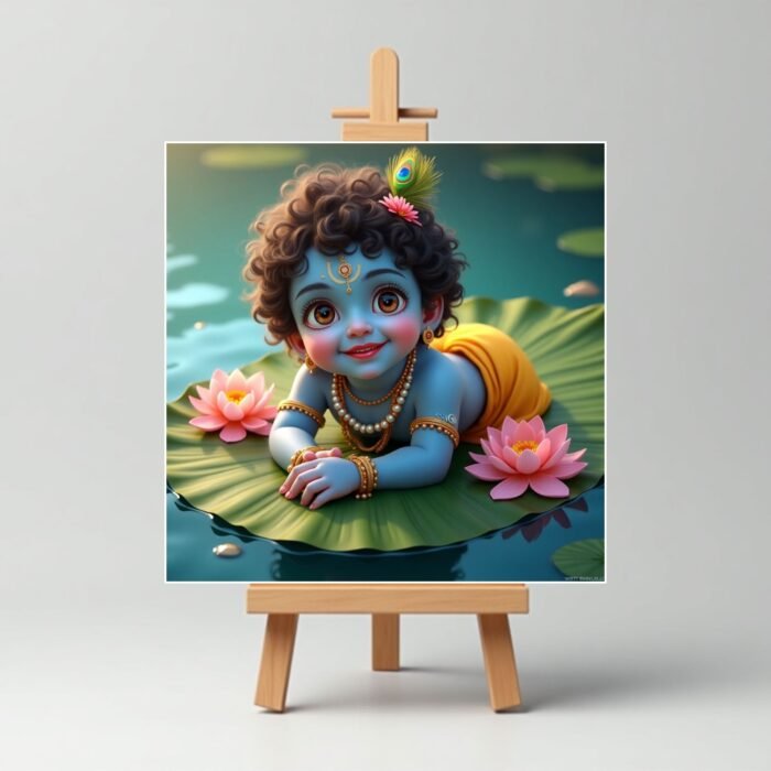 Playing On Lotus Leaf Cute Krishna Mini Painting1