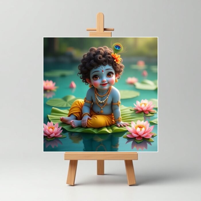 Playing On Lotus Leaf Cute Krishna Mini Painting2