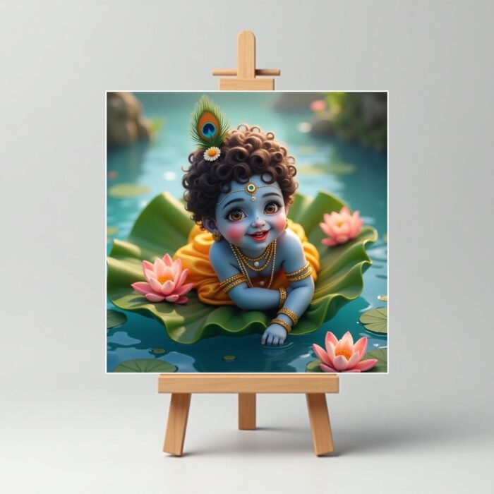 Playing On Lotus Leaf Cute Krishna Mini Painting3