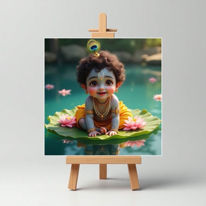 Playing On Lotus Leaf Cute Krishna Mini Painting4