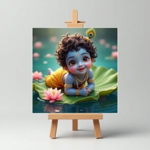 Playing On Lotus Leaf Cute Krishna Mini Painting | Set of 6 with Easel Stand