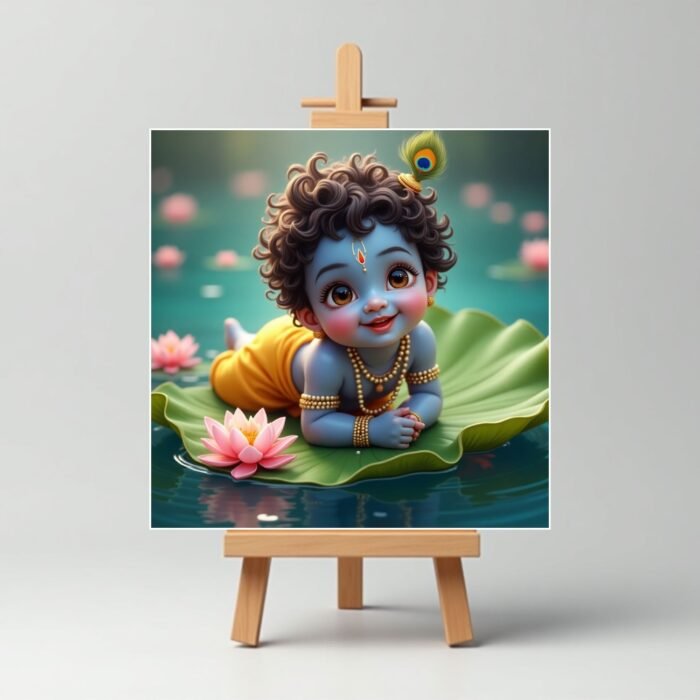 Playing On Lotus Leaf Cute Krishna Mini Painting5