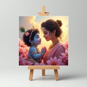 Yashoda Maa with Little Cute Krishna Mini Canvas Painting – Set of 6 with Easel Stand