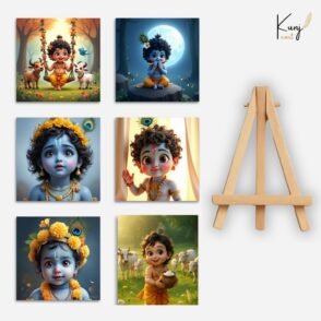 Kunjcart Baby Krishna Canvas Mini Painting | Set of 6 with Wooden Easel | Cute Bal Gopal Art for Home Temple Décor & Gifting