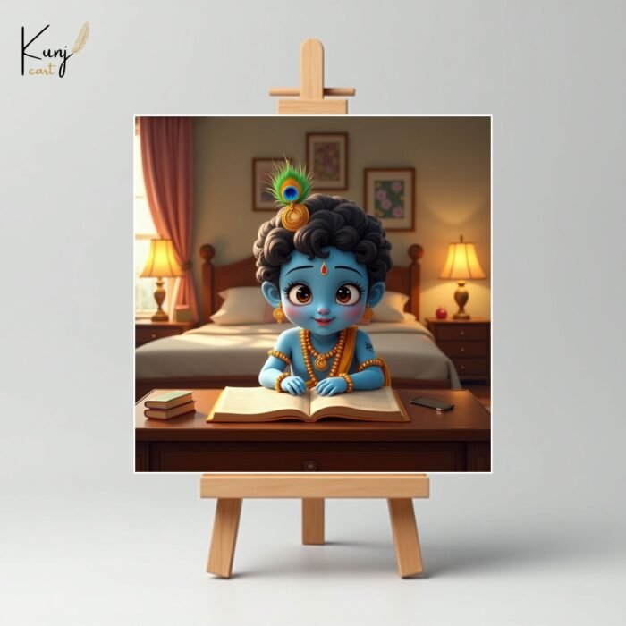 Baby Krishna Mini Canvas Painting (4x4 Inches) with Wooden Easel Stand 1